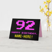 Carte Fun, Nerdy, Geeky, Pink, 8-Bit Style 92nd Birthday (Fleur jaune)