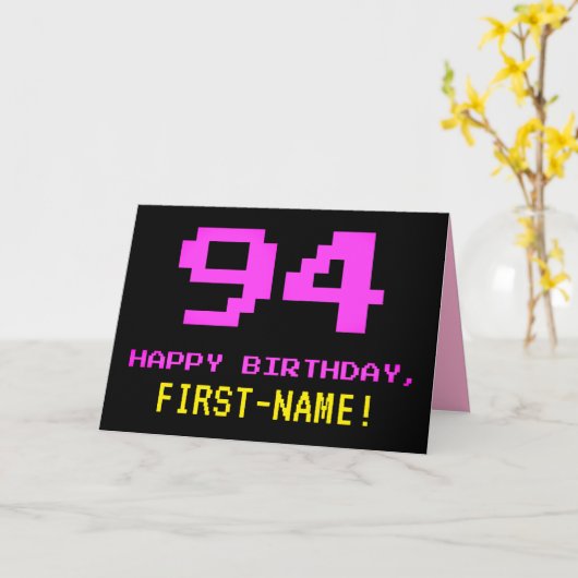Carte Fun, Nerdy, Geeky, Pink, 8-Bit Style 94th Birthday (Fleur jaune)