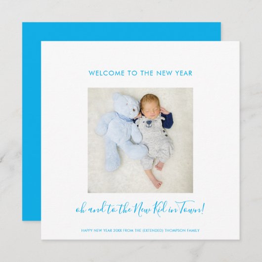 Carte Fun Nouveau bébé Joyeux Nouvel An Une photo Bleu B (Devant / Derrière)