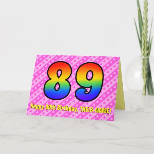Carte Fun Pink Stripes, Hearts, Rainbow # 89th Birthday (Devant)