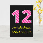 Carte Fun rose rayé "12"; Joyeux 12e anniversaire; Nom (Fleur jaune)