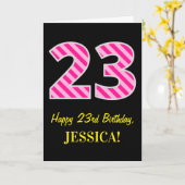 Carte Fun rose rayé "23"; Joyeux 23e anniversaire; Nom (Fleur jaune)