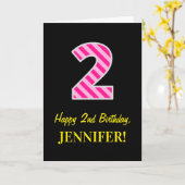 Carte Fun rose rayé "2"; Joyeux 2e anniversaire; Nom (Fleur jaune)