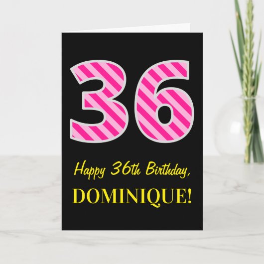 Carte Fun rose rayé "36"; Joyeux 36e anniversaire; Nom (Devant)