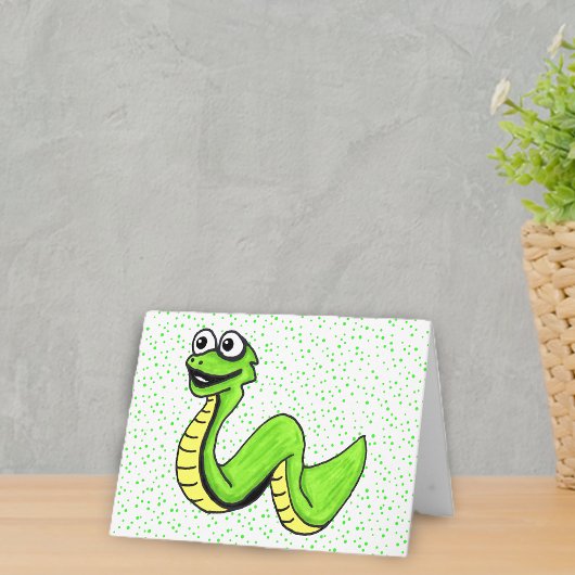 Carte Fun souriant serpent jaune vert gros yeux points
