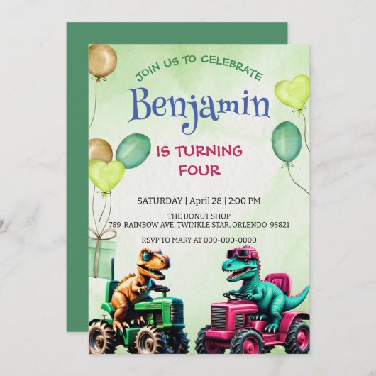 Carte Fun t rex dinosaure tracteur ballon camion ballon (Devant / Derrière)