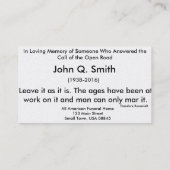 Carte funèbre Horizontel de prière de route (Dos)