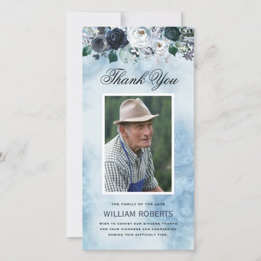 Carte Funérailles bleu floral | Merci photo (Devant)
