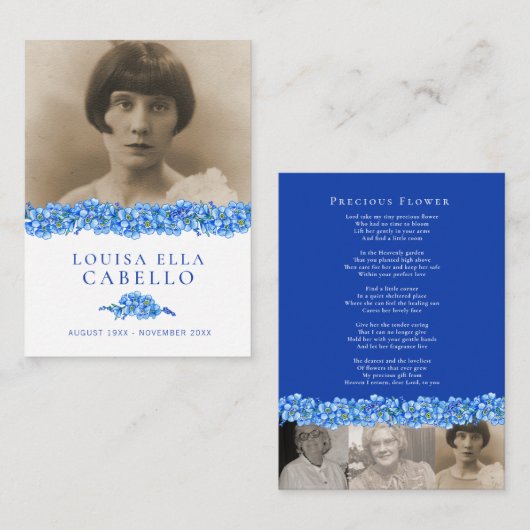 Carte funéraire de poème photo en bleu oublime-non (Devant / Derrière)