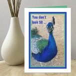 Carte Funny 50e Anniversaire Peacock Card pour femmes<br><div class="desc">Ce paon joli apporte un drôle de message d'anniversaire au destinataire. Sur le devant se trouve une photo d'un paon avec les mots "Vous n'avez pas l'air 50 ... ". À l'intérieur de la carte, on peut lire :et tant que vous n'agissez pas 50, ce sera notre petit secret !"...</div>