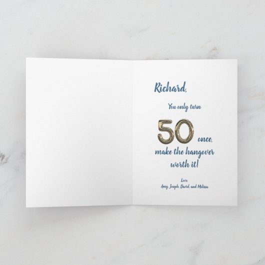 Carte Funny 50th Birthday Cheers to Fifty Years Blue (Intérieur)