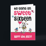 Carte Funny 60 Se Déroulent En Sweet sixteen Caricature<br><div class="desc">Fun 60ème anniversaire carte pour un jeune de coeur 60 ans avec motif cardiaque typographie et mots excentriques 60 aller Sur le Sweet sixteen en noir et rose avec un mignon dessin animé de vache dansante et motifs floraux et papillons. Personnalisez facilement votre salutation à l'avant et à l'intérieur.</div>