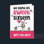 Carte Funny 60 Se Déroulent En Sweet sixteen Caricature<br><div class="desc">Fun 60ème anniversaire carte pour un jeune de coeur 60 ans avec motif cardiaque typographie et mots excentriques 60 aller Sur le Sweet sixteen en noir et rose avec un mignon dessin animé de vache dansante et motifs floraux et papillons. Personnalisez facilement votre salutation à l'avant et à l'intérieur.</div>