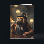 Carte Funny Birthday Bulldog Holding a Whiskey<br><div class="desc">Un éminent bulldog portant un casquette et un gilet est installé dans une élégante salle de speakeasy des années 1920,  faiblement éclairée,  tenant un verre de whisky pour un anniversaire. Le texte intérieur peut être modifié.</div>