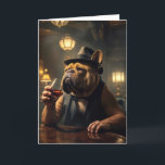 Carte Funny Birthday Bulldog Holding a Whiskey<br><div class="desc">Un éminent bulldog portant un casquette et un gilet est installé dans une élégante salle de speakeasy des années 1920,  faiblement éclairée,  tenant un verre de whisky pour un anniversaire. Le texte intérieur peut être modifié.</div>