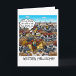 Carte Funny Birthday card avec Western Philosophy<br><div class="desc">Un cow-boy au milieu d'une conduite de bétail réfléchit à la question philosophique : "Est-ce que nous conduisons le bétail ou est-ce qu'ils nous conduisent ?" Grand et drôle cadeau pour les éleveurs,  les cow-boys,  les fermiers et les fans de vaches mignonnes.</div>