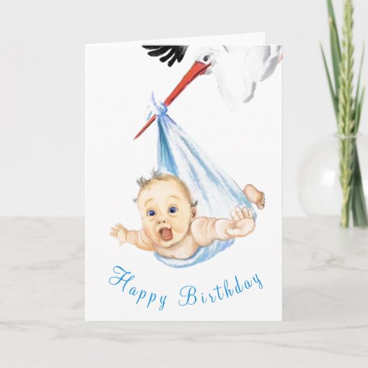 Carte Funny Birthday Card Stork portant bébé (Devant)