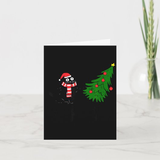 Carte Funny Black Cat Gift Pushing Christmas Tree Over C (Devant)