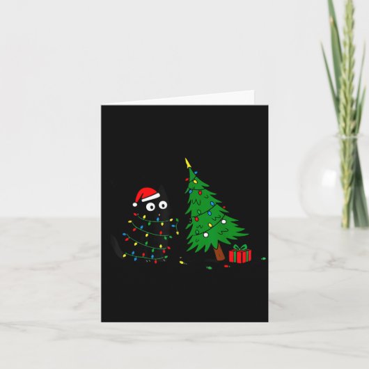 Carte Funny Black Cat Pushing 67 Christmas Tree Over Cat (Devant)