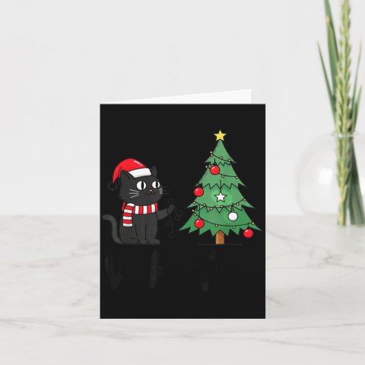 Carte Funny Black Cat Pushing Christmas Tree Over Cat Wh (Devant)
