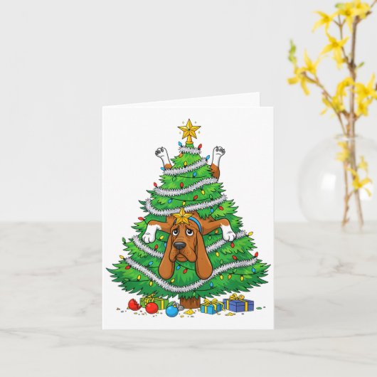 Carte Funny Bloodhound Dog Christmas Tree Lights Kids Me (Fleur jaune)