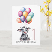Carte FUNNY Blue Cow 1er anniversaire (Fleur jaune)