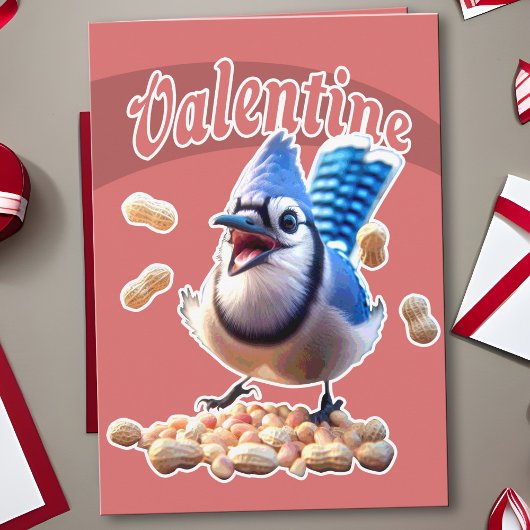 Carte Funny Blue Jay Valentine Jouer fou Oiseau Peanut