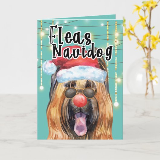 Carte Funny Briard chien dans les lumières puces navidog (Fleur jaune)