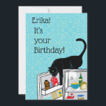 Carte Funny Cat 9 Vies Personnalisé Anniversaire<br><div class="desc">C'est ton anniversaire ! Allez-y, faites comme si c'était le premier de vos neuf vies. Un méchant chat noir fait ouvrir le frigo va pour le rêve, je veux dire la crème. Carrelage turquoise et contenu de réfrigérateur détaillé ajoutent au charme et à l'humour de cette carte. Vos amis amoureux...</div>