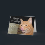 Carte Funny cat Birthday<br><div class="desc">Orange tabby cat licks his chops at a birthday cake Phobithday card card.  Text can be changed or removed with the CUSTOMIZE button.</div>