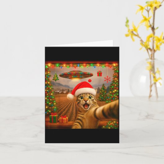 Carte Funny Cat Selfie With Alien Ufo Christmas Lights S (Fleur jaune)