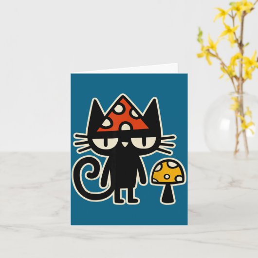 Carte Funny Cat With Mushroom Hat Black Cat With Toadsto (Fleur jaune)