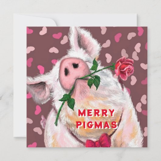 Carte Funny Christmas Card Gentleman Pig avec Rose (Devant)