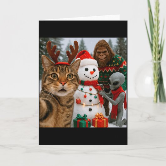 Carte Funny Christmas Cat Selfie With Bigfoot Alien & (Devant)