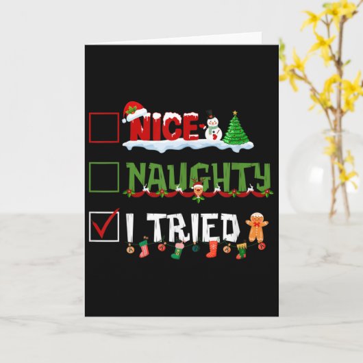 Carte Funny Christmas Pajama Lights Nice Naughty I Tried (Fleur jaune)