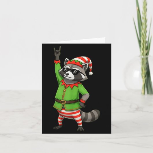 Carte Funny Christmas Raccoon Dressed As Elf With Sungle (Devant)