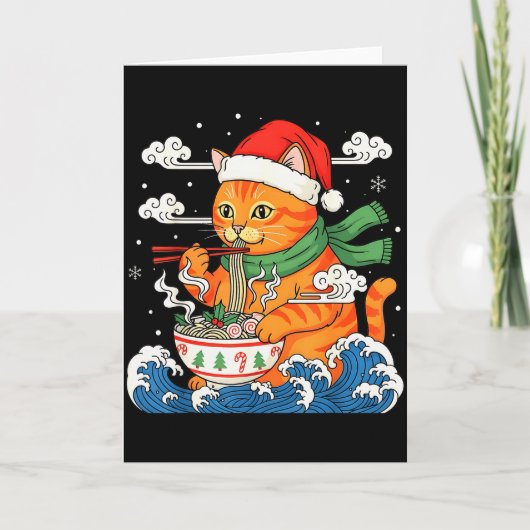 Carte Funny Christmas Ramen Cat Eating Noodles Japanese  (Devant)