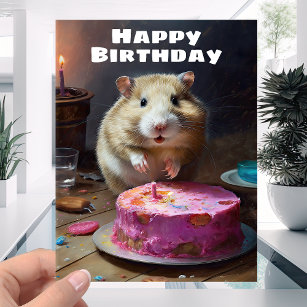 Carte Funny Fat Hamster and Cake Candle - Joyeux anniver