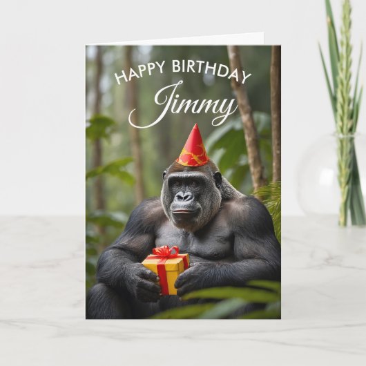 Carte Funny Gorilla avec cadeau dans la jungle Anniversa (Devant)