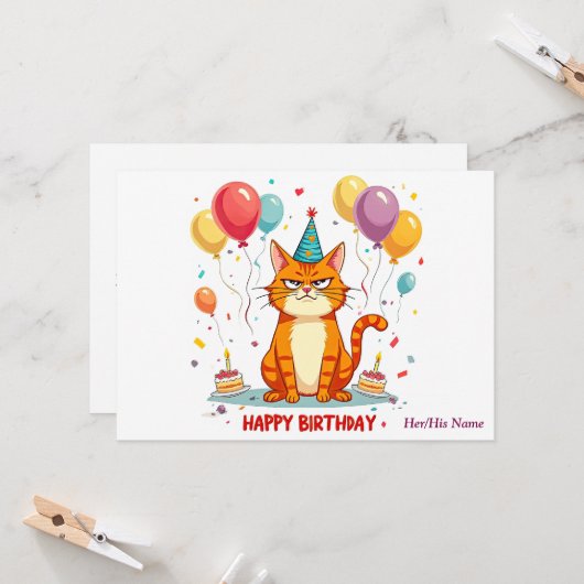 Carte Funny Grumpy Cat Birthday Card – Balloon Overload (Devant/Arrière en situation)