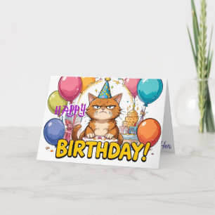 Carte Funny Grumpy Chat Birthday Card - Cartoon Party Hu