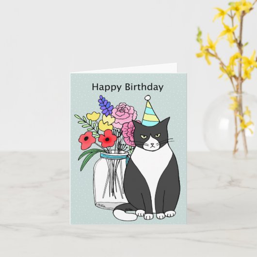 Carte Funny Grumpy Chat Noir et blanc Chat anniversaire (Fleur jaune)