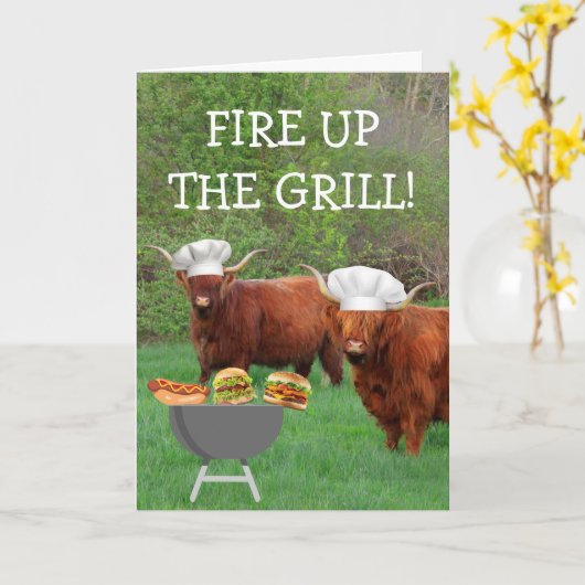 Carte Funny Highland Steer Barbecue Anniversaire (Fleur jaune)