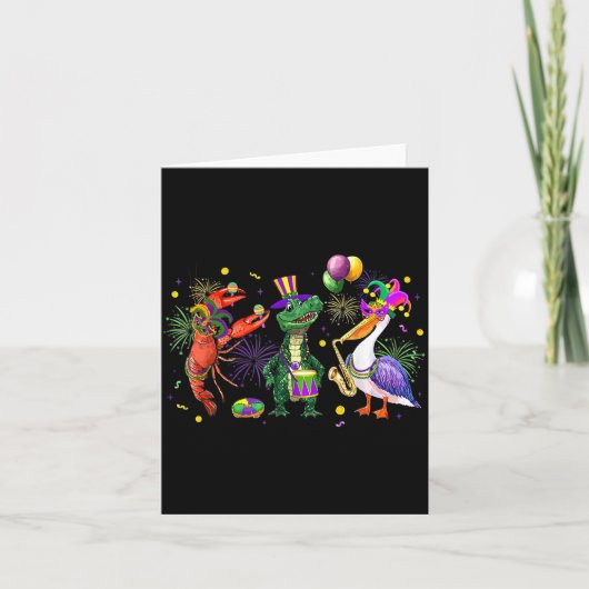 Carte Funny Mardi Gras 2026 Crocodile Crawfish Pelican N (Devant)