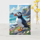Carte Funny Pun | Joyeux Puffin d'anniversaire (Fleur jaune)