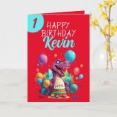 Carte Funny Red et Turquoise Trex Boy 1er anniversaire (Fleur jaune)