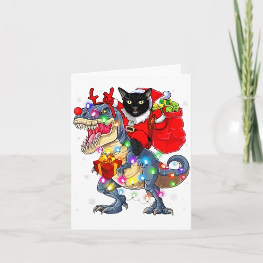 Carte Funny Santa Cat Riding Dinosaur Christmas Lights (Devant)