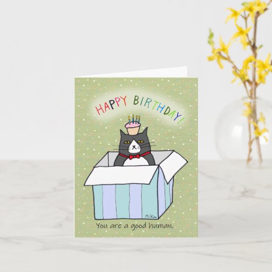 Carte Funny Tuxedo Chat dans une boîte avec cupcake Anni (Fleur jaune)