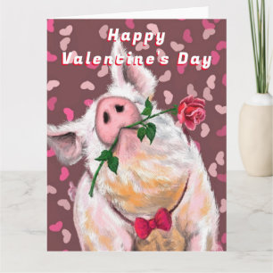 Carte Funny Valentine's Day Card Gentleman Pig Rose