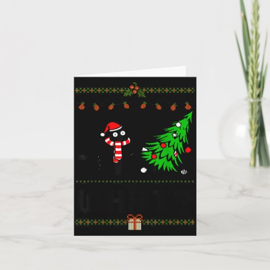 Carte Funny Xmas Black Cat Pushing Christmas Tree Over C (Devant)